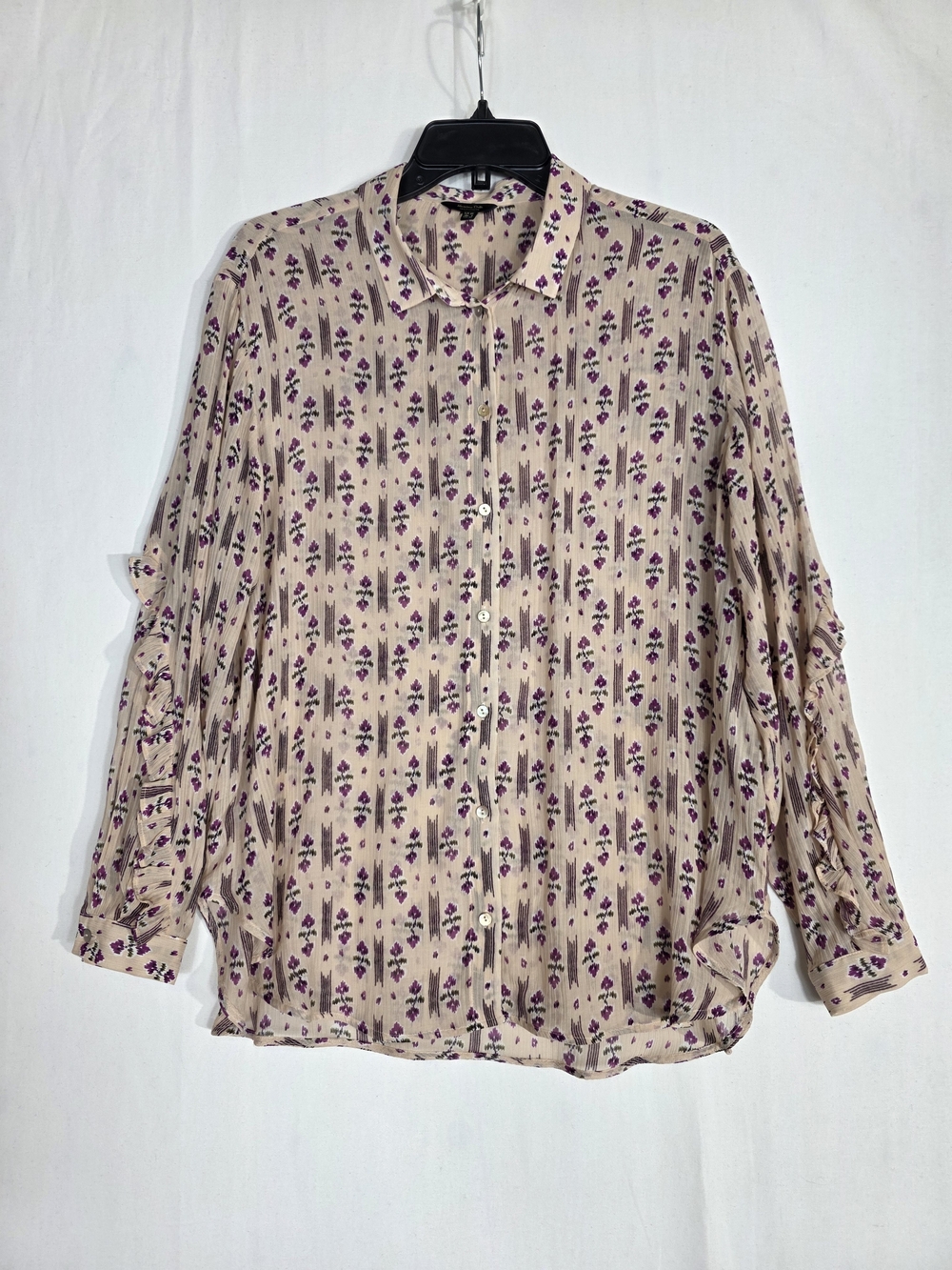 Massimo Dutti Silk blend mini Ruffle Button-Down Blouse with Purple Floral Print